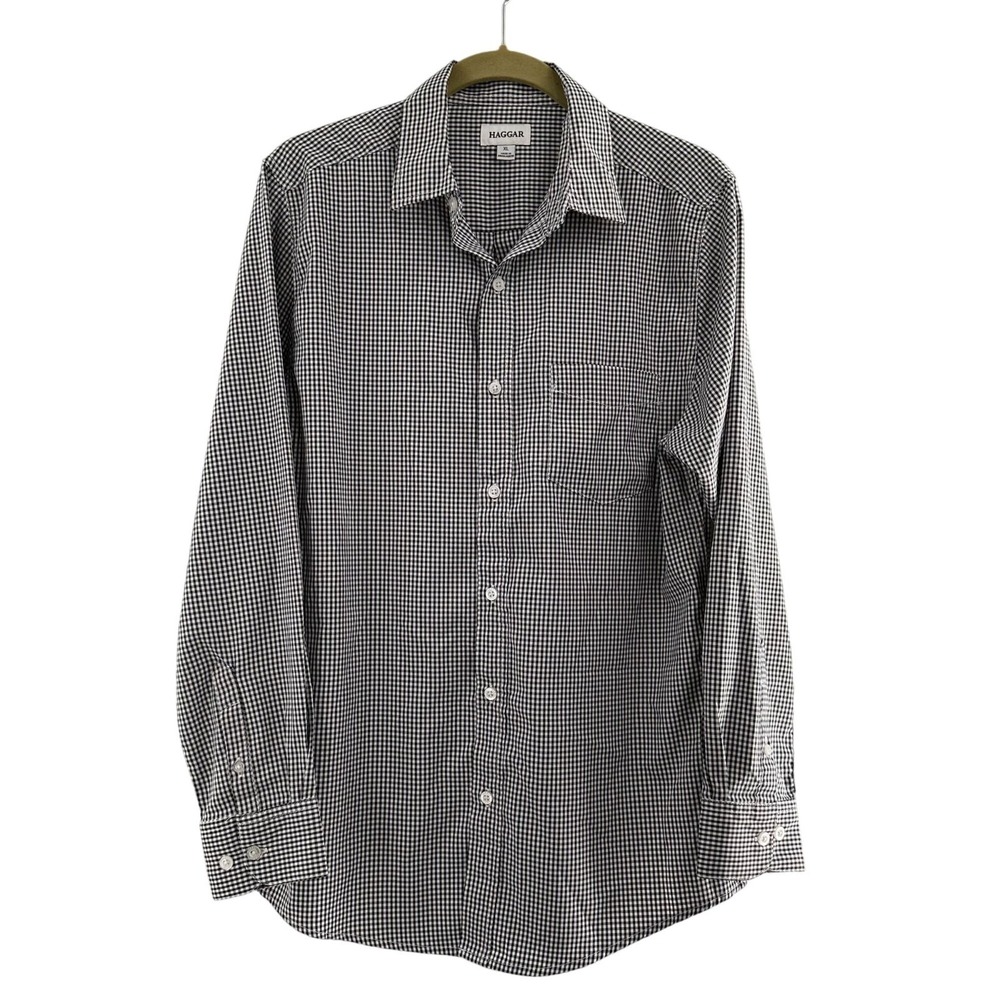 Haggar Mens Black & White Gingham Long‎ Sleeve Button-Up Shirt XL Plaid Preppy